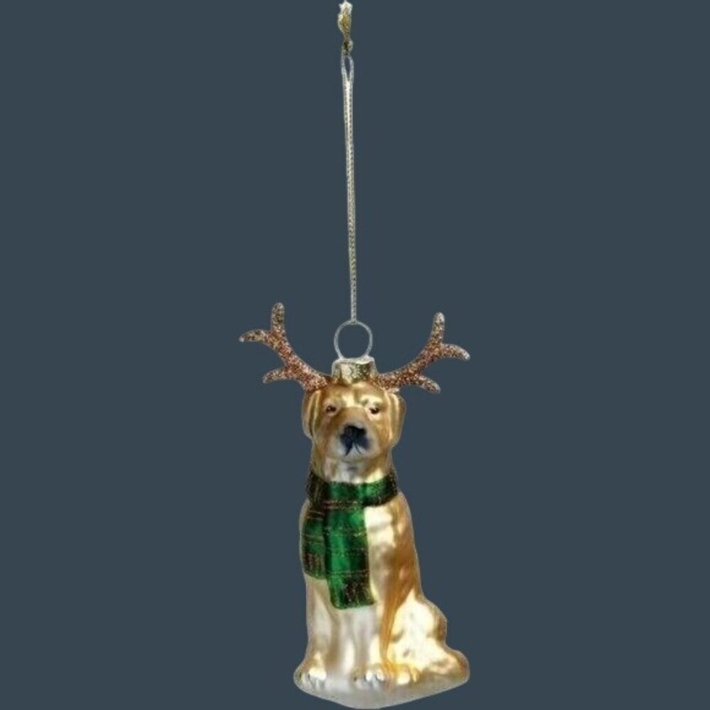 Golden Retriever Glass Ornament Glitter Antlers 4 1/2" Tall Christmas Decoration